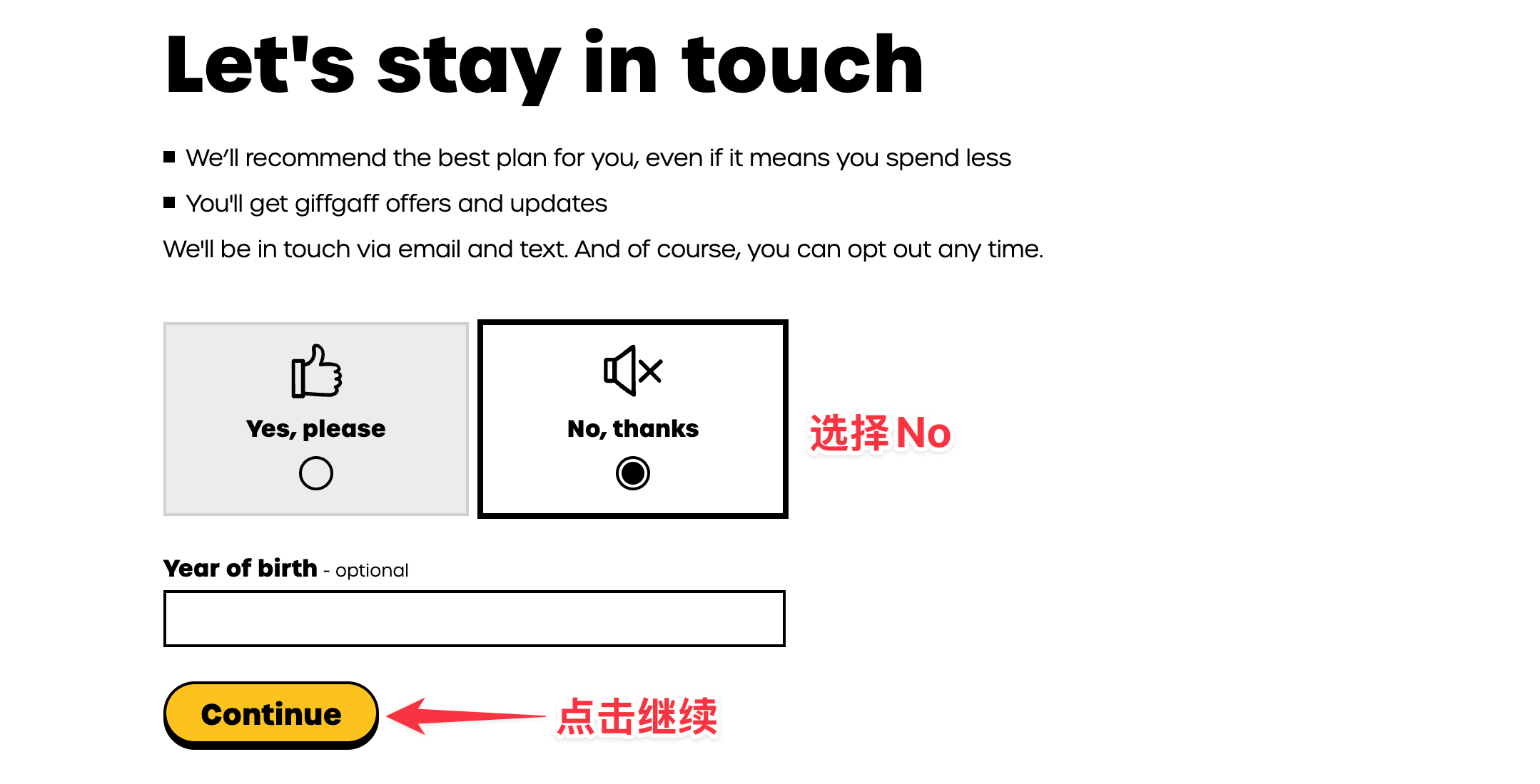 giffgaff 额外选项选择页面截图
