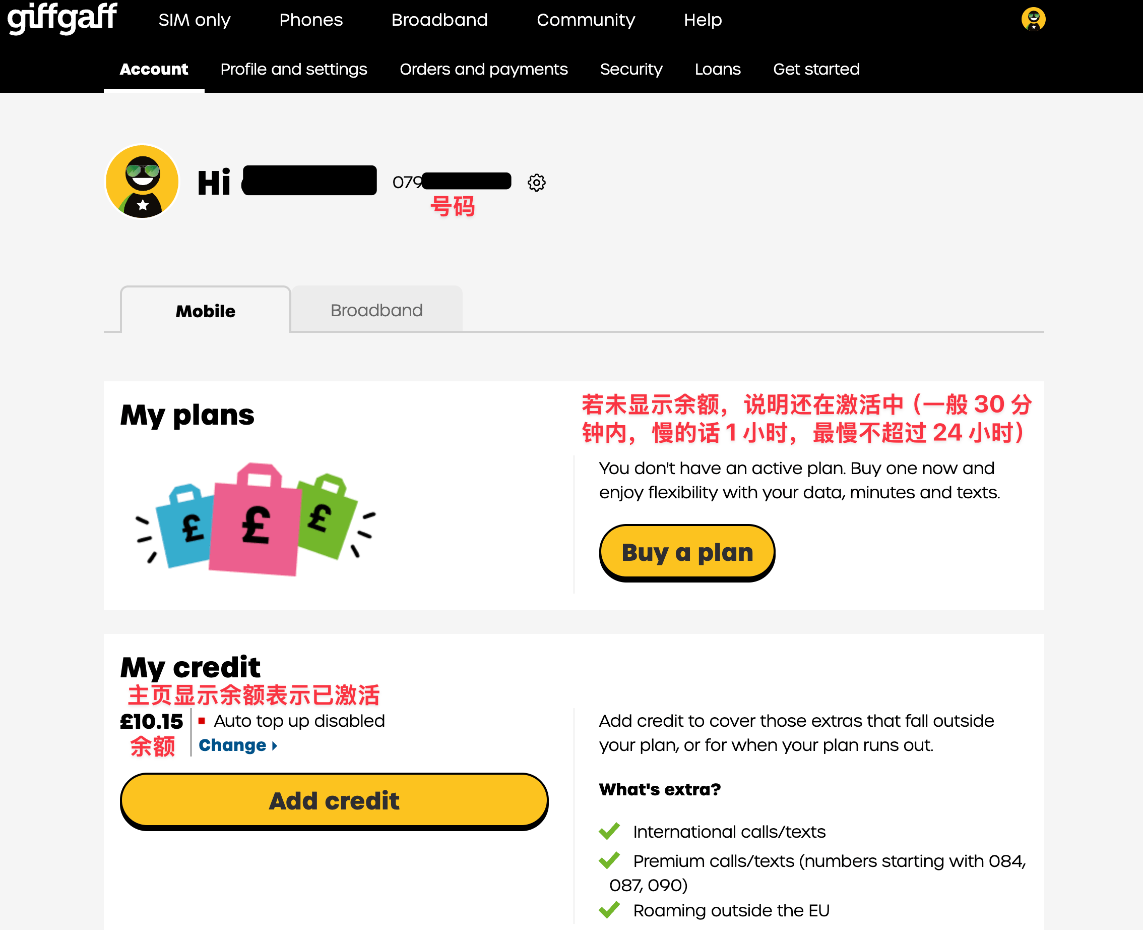 giffgaff 主页余额显示页面截图